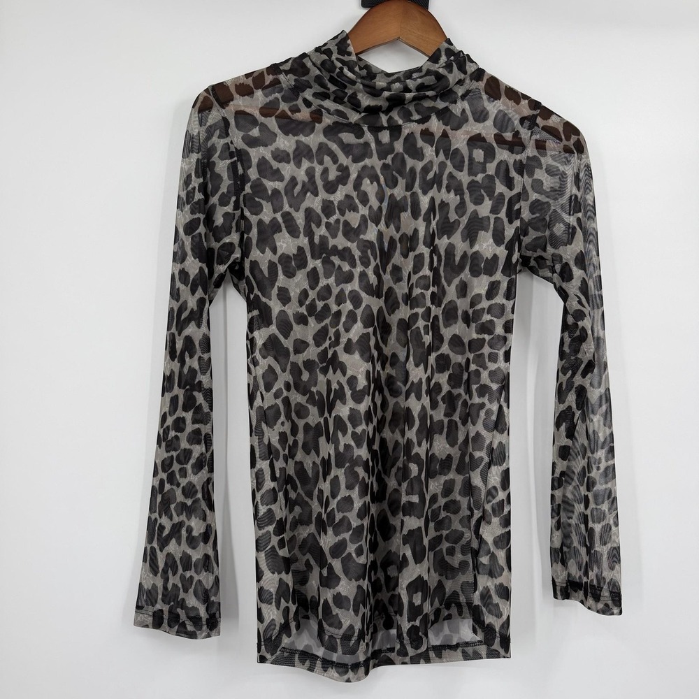 David Cline Top Shirt Womens Medium Gray Mock Neck Long Sleeve Mesh Animal Print